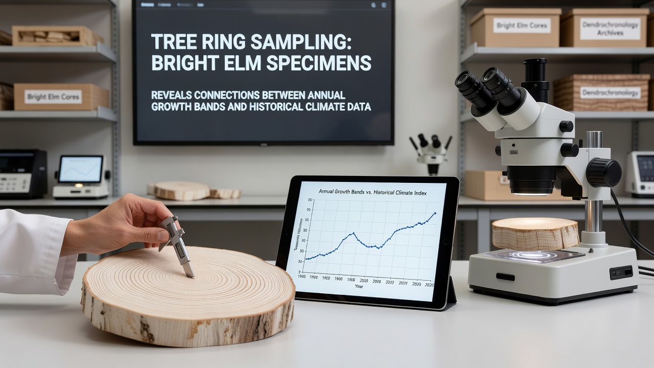 Cross-section of a Bright Elm core sample displaying distinct annual growth rings used in rainfall reconstruction